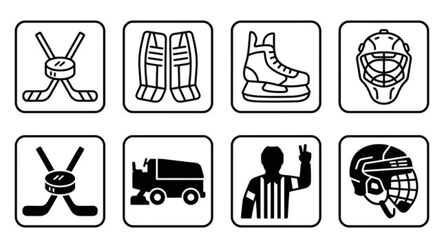 Set of ice hockey icons featuring equipment and referee for sports graphics equipment activity professional