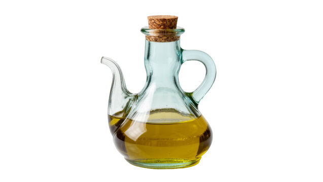 Clear glass cruet with cork stopper filled with golden olive oil, isolated on transparent background