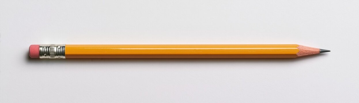 Yellow pencil with pink eraser lying on white