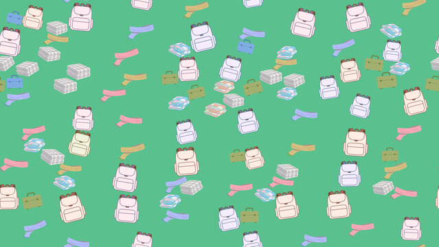 Seamless pattern of backpacks, folded blankets, scarves, and suitcases