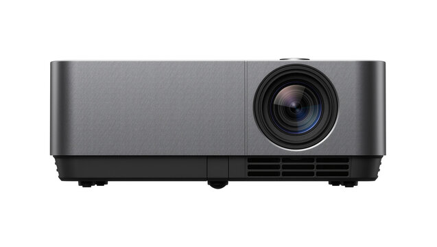 Modern gray digital projector with large lens, isolated on transparent background
