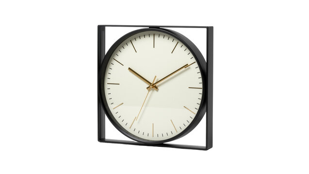 Modern black metal framed round clock with gold hands, isolated on transparent background