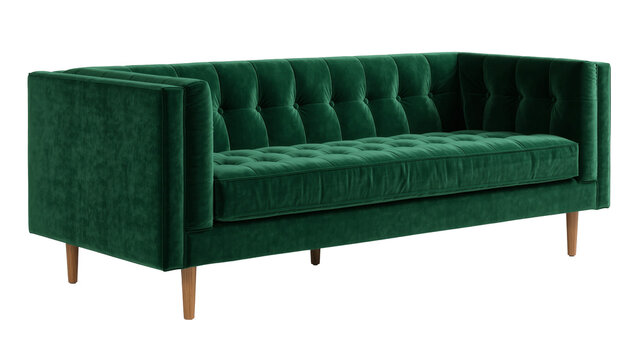 Deep emerald green velvet tufted sofa with wooden legs, isolated on transparent background