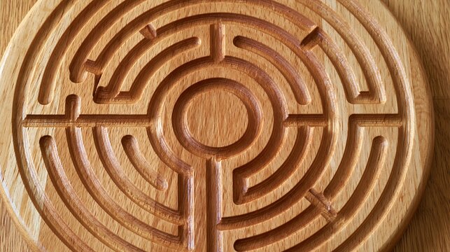 Wooden circular labyrinth pattern on light oak surface
