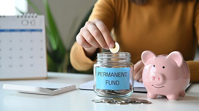 Woman saving money by putting coin into a glass jar labeled permanent fund next to pink piggy bank