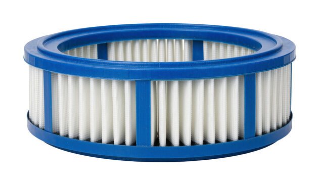 Blue plastic cylindrical air filter with pleated white paper media, isolated on transparent background