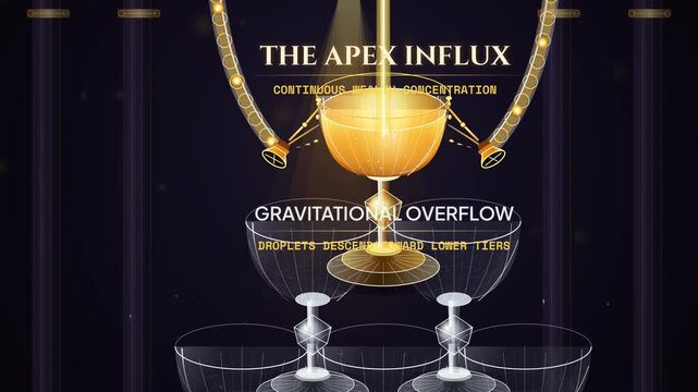 Animated metaphor of the trickle down economics illusion featuring a champagne tower where wealth is continuously extracted from the top tier preventing flow to lower levels