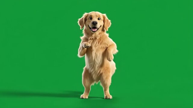Cute golden retriever puppy dancing on green screen background, chroma key animation
