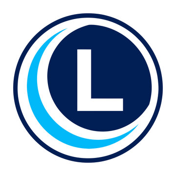 Blue and white circular logo design with letter L