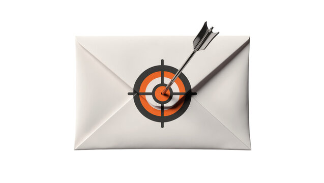 White envelope with target and arrow, isolated on transparent background