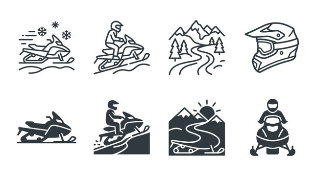 Snowmobile and winter adventure icons set with helmets and mountain landscapes snowmobile snowmobiling mountains