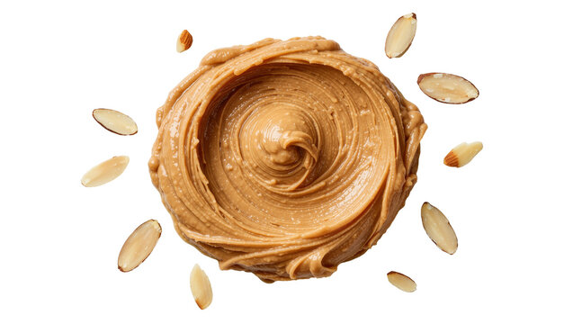 Creamy almond butter swirl with scattered slivered almonds, isolated on transparent background