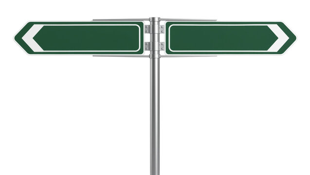 Two green directional arrow signs on metal pole, isolated on transparent background