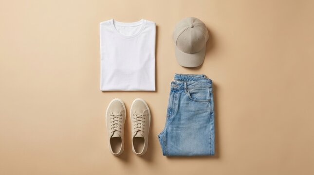 Flat lay of casual summer clothing and accessories arranged on a plain background.