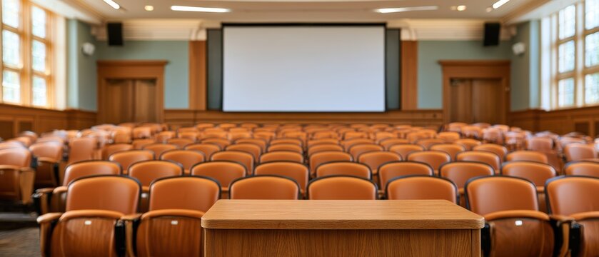 Bright modern academic auditorium featuring clean architectural lines, advanced presentation technology, and bright lighting for professional educational events and conferences.