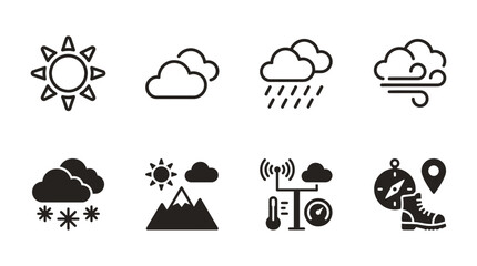 Obraz premium Weather conditions and navigation icons representing forecast and outdoor travel with forecast mountain navigation
