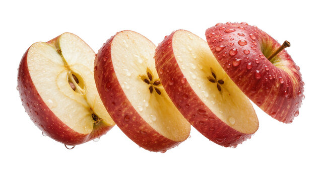 Juicy red apple sliced into four pieces with water droplets, isolated on transparent background