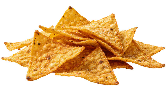 Crispy golden corn tortilla chips piled high, isolated on transparent background