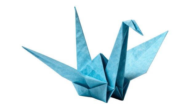 Blue origami paper crane bird, isolated on transparent background