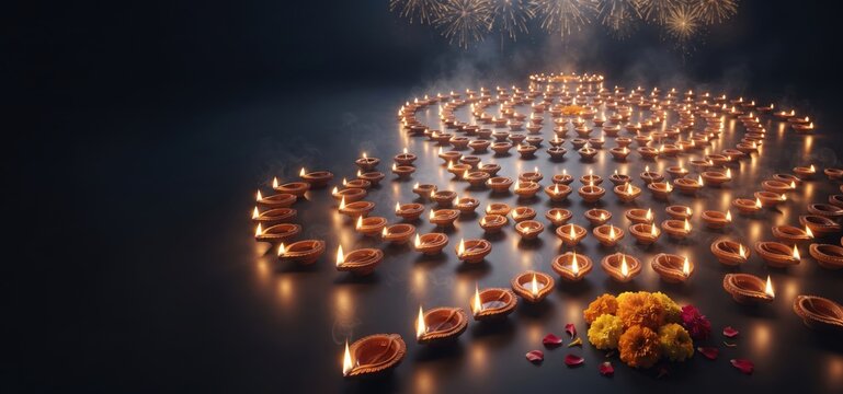 Numerous glowing clay oil lamps, or diyas, arranged in a large spiral pattern on a dark surface with marigold flowers and fireworks in the background, for diwali celebration