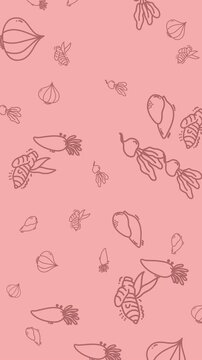Pink pattern with cartoon bees, carrots, garlic bulbs, and floral elements. Perfect for spring designs, kids products, or gardenrelated content.