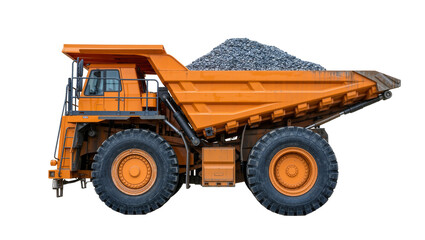 Orange mining dump truck loaded with gravel, isolated on transparent background © Luke