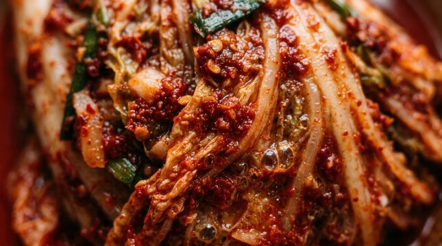 Detailed macro shot of authentic spicy korean kimchi showing rich red pepper seasoning and fermented vegetable fiber textures.