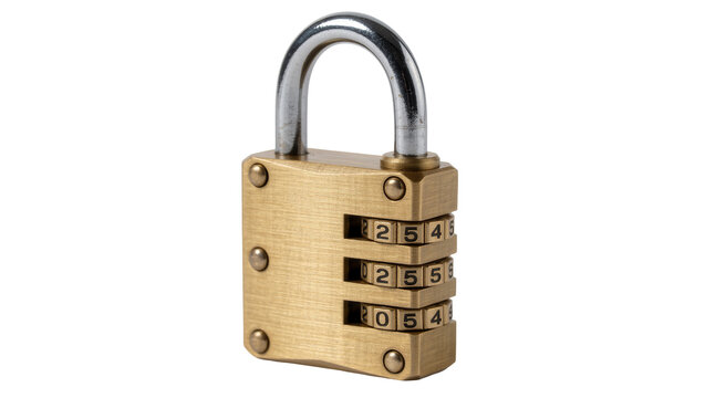 Brass combination padlock with three dials showing numbers, isolated on transparent background