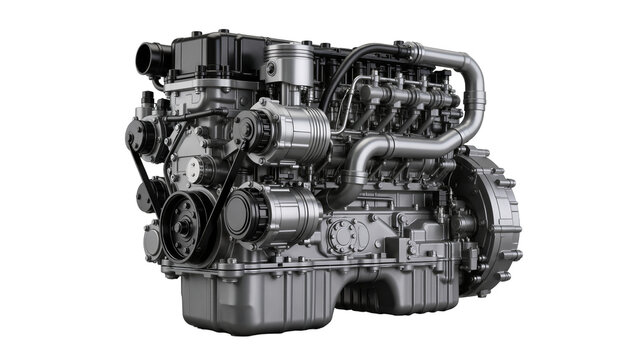 Complex diesel engine with chrome pipes and black belts, isolated on transparent background