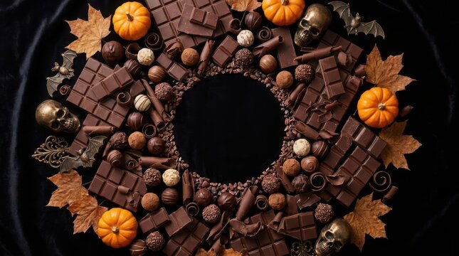 Halloween chocolate wreath with pumpkins and skulls on black background