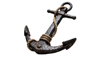 Rusty metal anchor with thick rope, isolated on transparent background © Luke