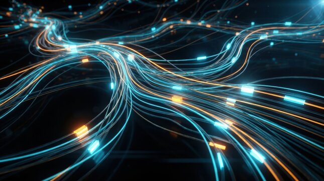 Abstract digital data flow with glowing fiber optic cables