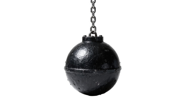 Heavy black wrecking ball with metal chain, isolated on transparent background