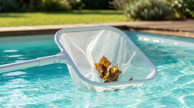 White pool skimmer net harvesting brown autumn leaves floating on water surface for summer leisure maintenance.