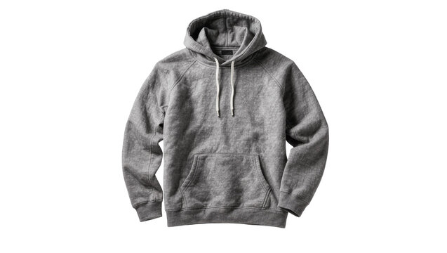 Gray heathered cotton hoodie with white drawstring and front pocket, isolated on transparent background