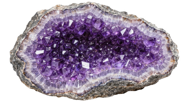Natural amethyst geode with sparkling purple crystals, isolated on transparent background