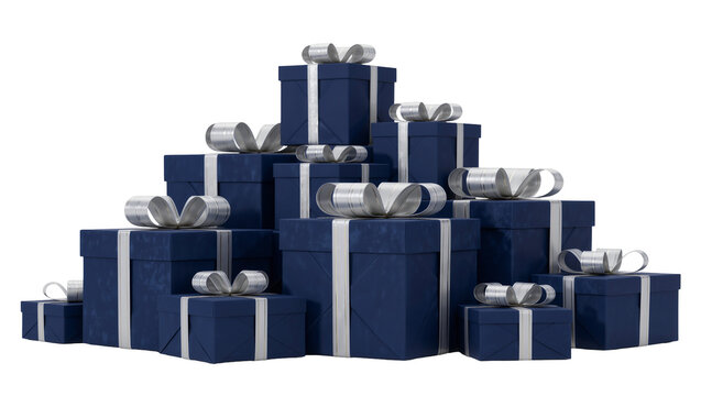Stack of dark blue gift boxes with silver ribbons, isolated on transparent background