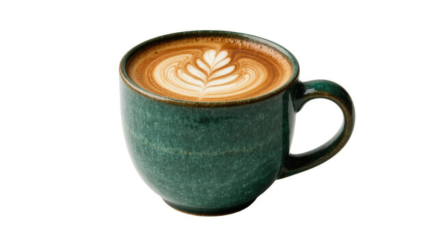 Green ceramic mug with latte art, isolated on transparent background