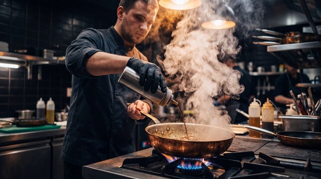 Professional Chef Saut&eacute;ing Food in a Commercial Restaurant Kitchen with Rising Steam