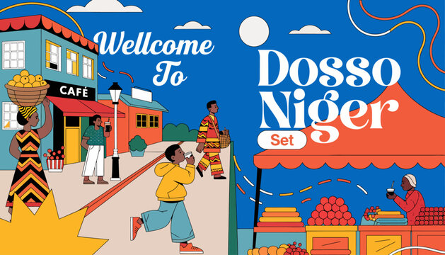 Vibrant African Street Scene: Welcome to Dosso Niger illustration, marketplace, people, culture