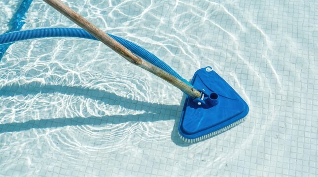 Blue pool vacuum head cleaning mosaic tiles underwater with wooden handle for summer water hygiene maintenance.