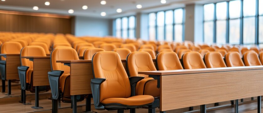 Bright, modern lecture hall featuring minimalist design, advanced teaching technology, ample lighting, and spacious seating for an enhanced educational environment.