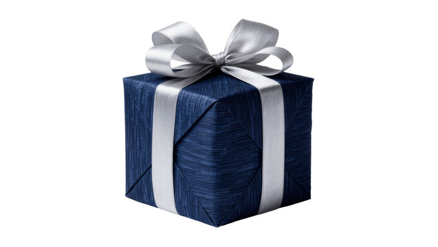 Dark blue textured gift box with silver ribbon and bow, isolated on transparent background