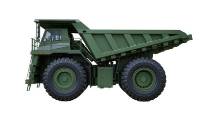 Massive green mining dump truck with large tires, isolated on transparent background © Luke