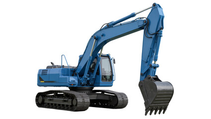 Blue excavator with large bucket and tracks, isolated on transparent background © Luke