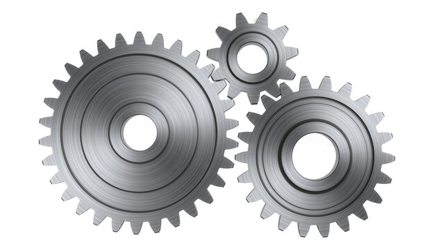 Three metallic gears interlocking, isolated on transparent background