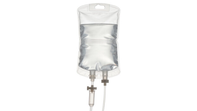 Clear plastic IV bag filled with saline solution, isolated on transparent background