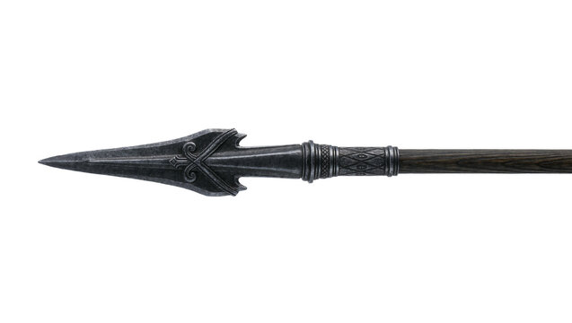 Ornate metal spearhead with detailed engravings on wooden shaft, isolated on transparent background