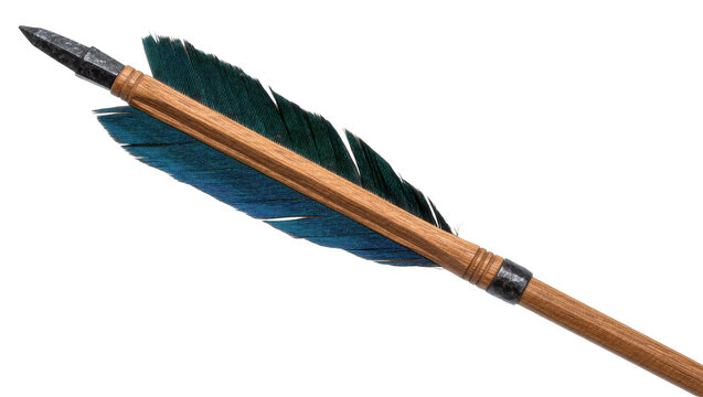 Wooden arrow with dark metal arrowhead and teal feathers, isolated on transparent background