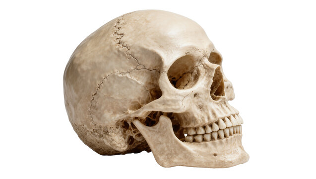 Human skull with detailed bone texture, isolated on transparent background